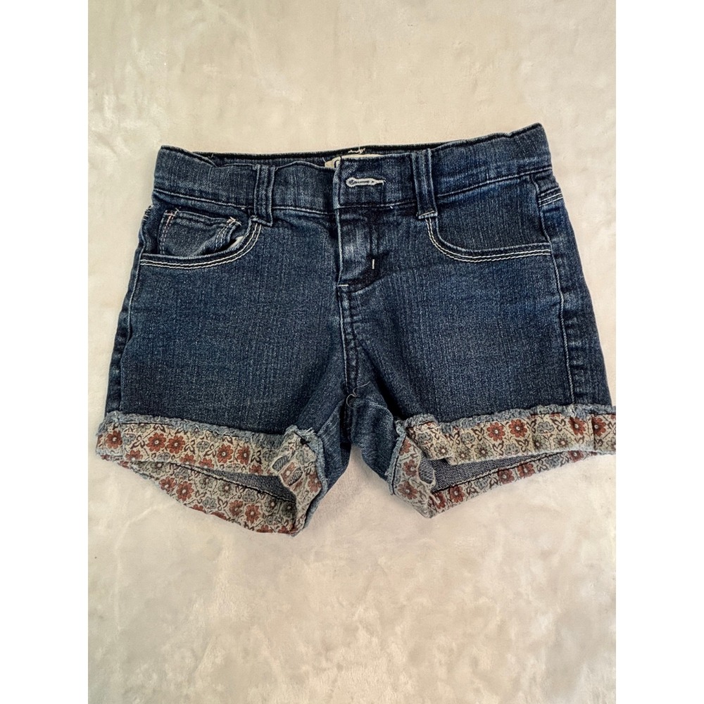 LEI Girls Denim Shorts‎ Size 8 Dark Wash Heart Embroidery Floral Cuff Boho